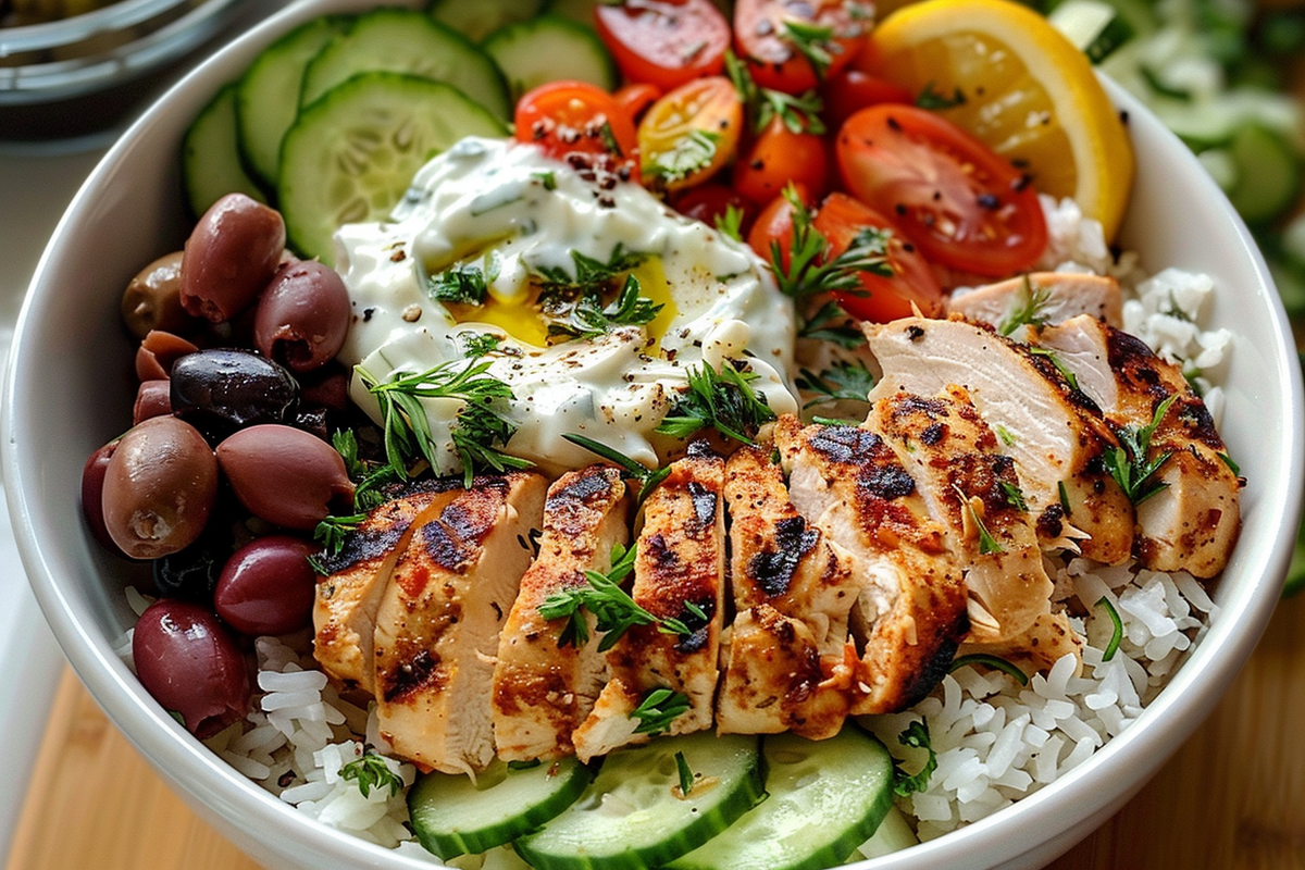 Ultimate Greek Chicken Power Bowl with Tzatziki and Rice