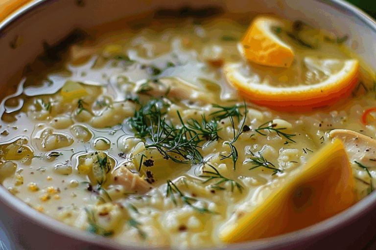 Greek Lemon Chicken Soup with Rice and Dill