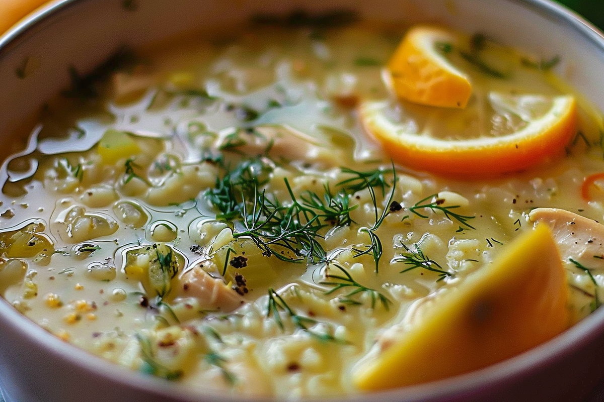 Greek Lemon Chicken Soup with Rice and Dill