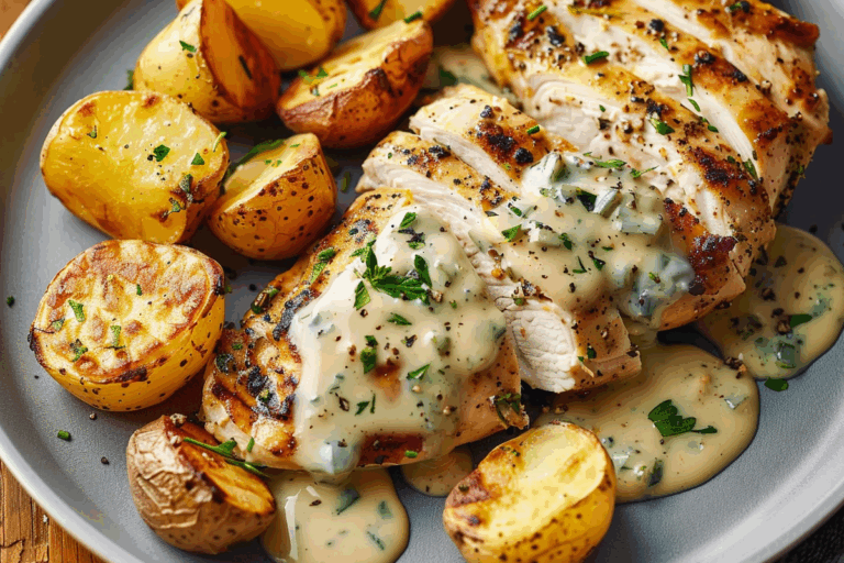 Next-Level Grilled Chicken with Crispy Potatoes and Creamy Herb Sauce