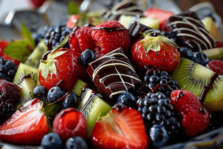 Sweet Treat Platter with Fresh Berries Kiwi Melon & Dark Chocolate