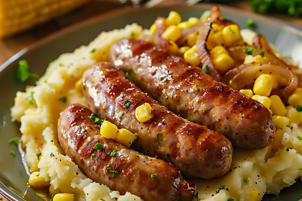 Sausages Mashed Potatoes and Buttered Corn