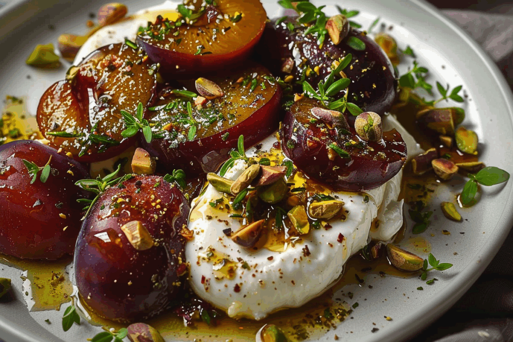 Burrata with Roasted Plums Pistachios and Thyme