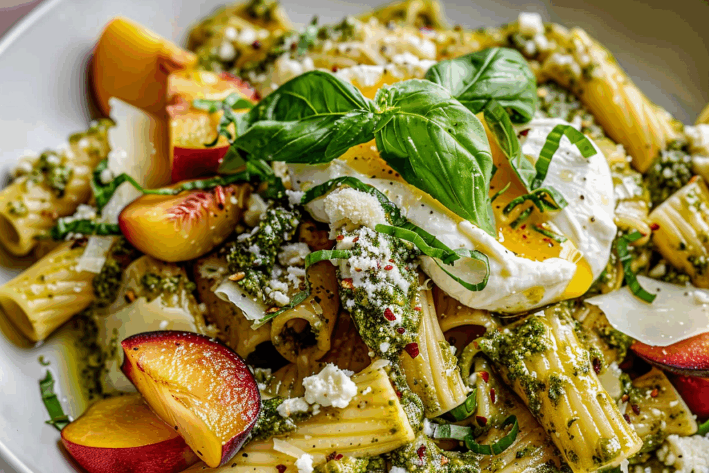 Summer Peach & Burrata Rigatoni with Basil Pesto Drizzle