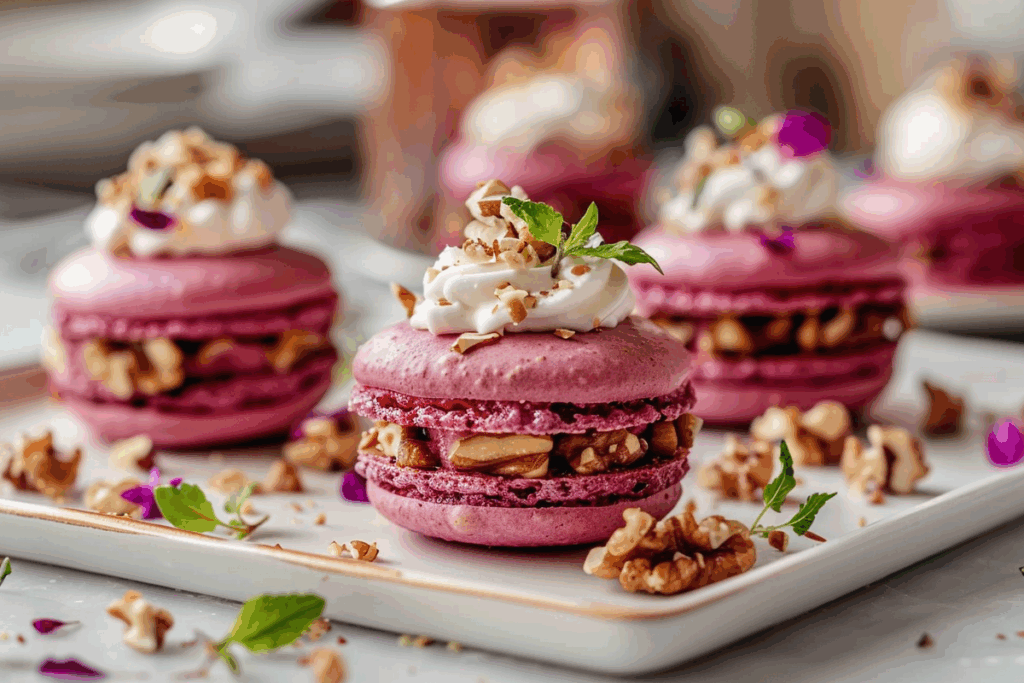 Savory Beet Macarons with Whipped Goat Cheese & Walnut Crunch