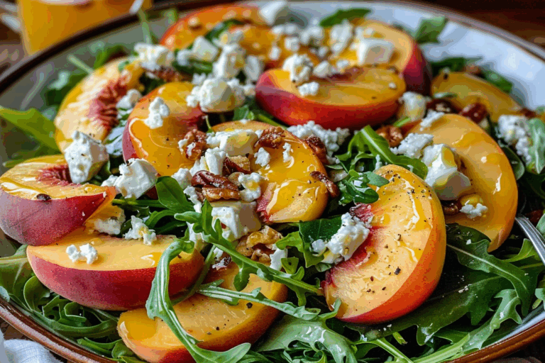 Fresh Peach Salad with Arugula Feta & Honey Dressing