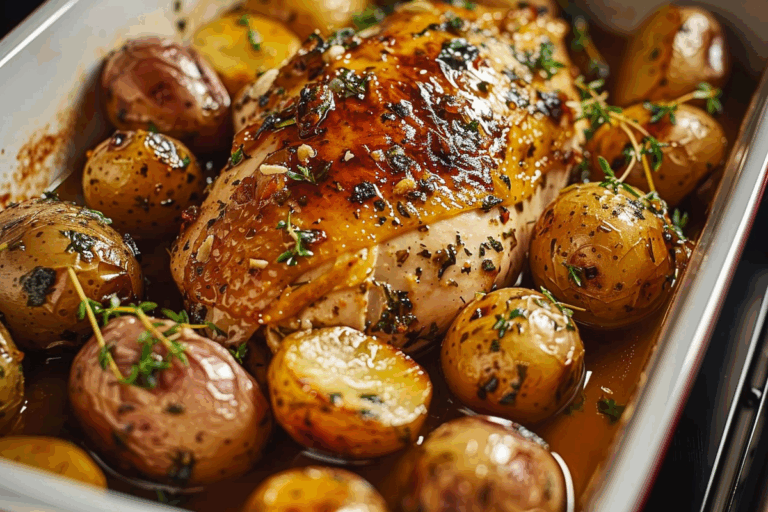 Oven-Roasted Garlic Herb Chicken with Glazed Baby Potatoes