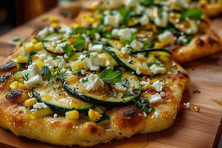Zucchini & Sweet Corn Flatbread with Feta & Honey Drizzle