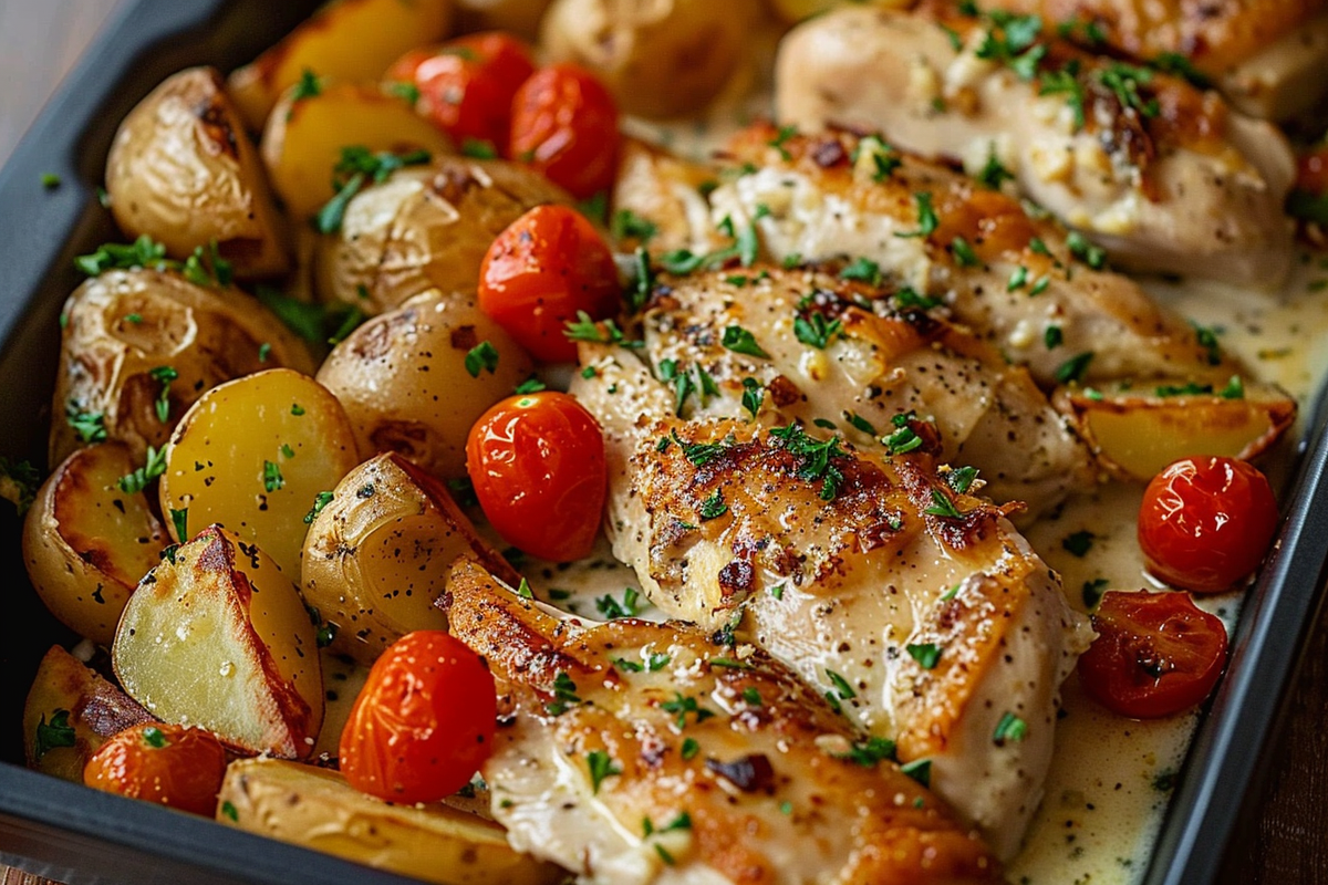 Ultimate Creamy Garlic Chicken with Golden Roasted Potatoes & Sweet Cherry Tomatoes