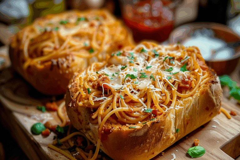 Spaghetti Stuffed Garlic Bread