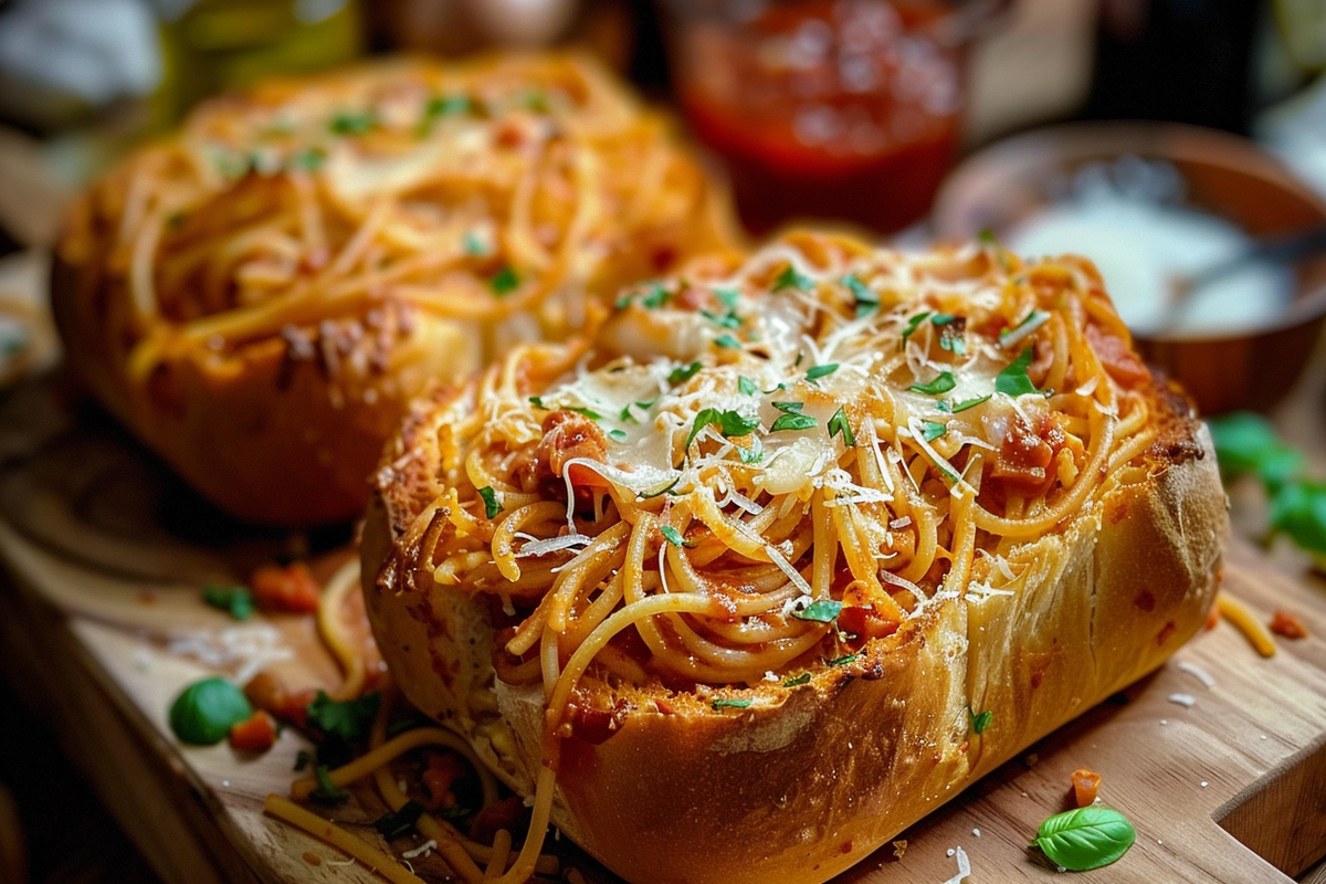 Spaghetti Stuffed Garlic Bread