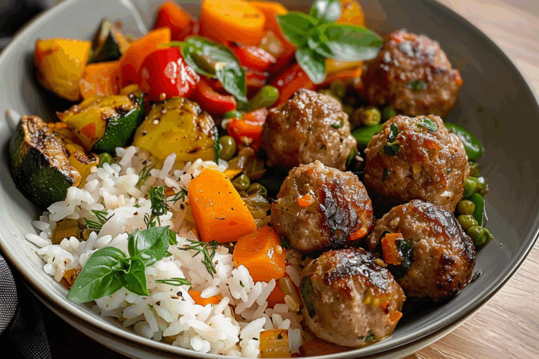 Roasted Veggie & Juicy Meatball Rice Bowl