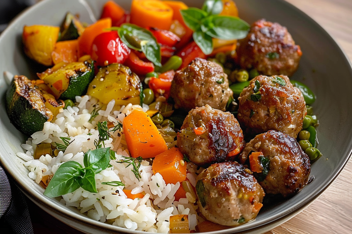 Roasted Veggie & Juicy Meatball Rice Bowl