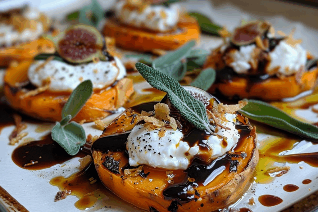Burrata-Topped Sweet Potato Rounds with Fig Balsamic and Crispy Sage