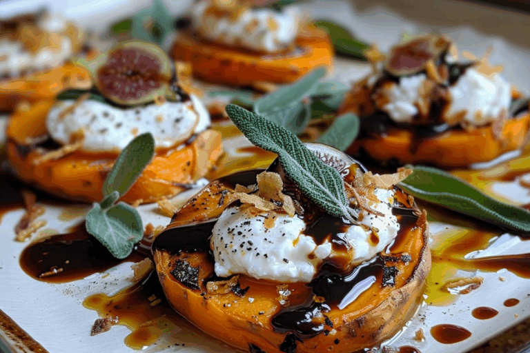 Burrata-Topped Sweet Potato Rounds with Fig Balsamic and Crispy Sage