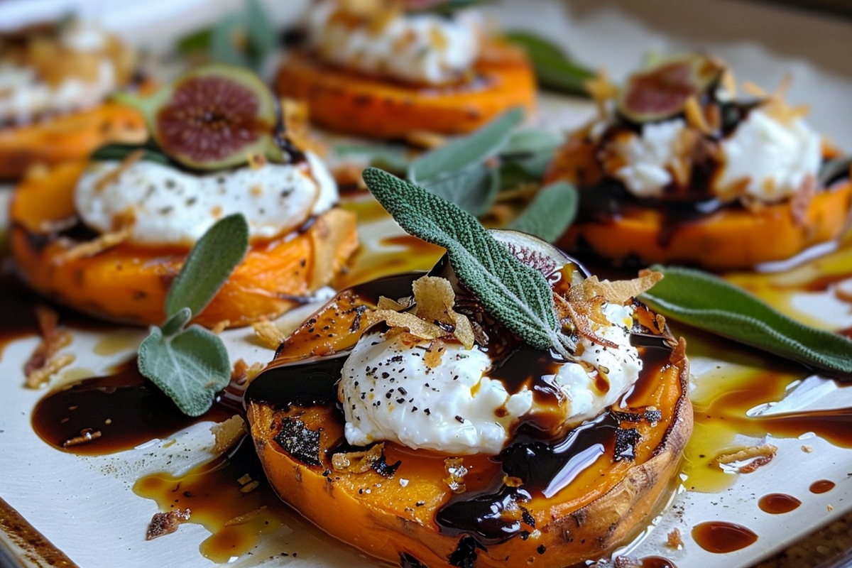 Burrata-Topped Sweet Potato Rounds with Fig Balsamic and Crispy Sage