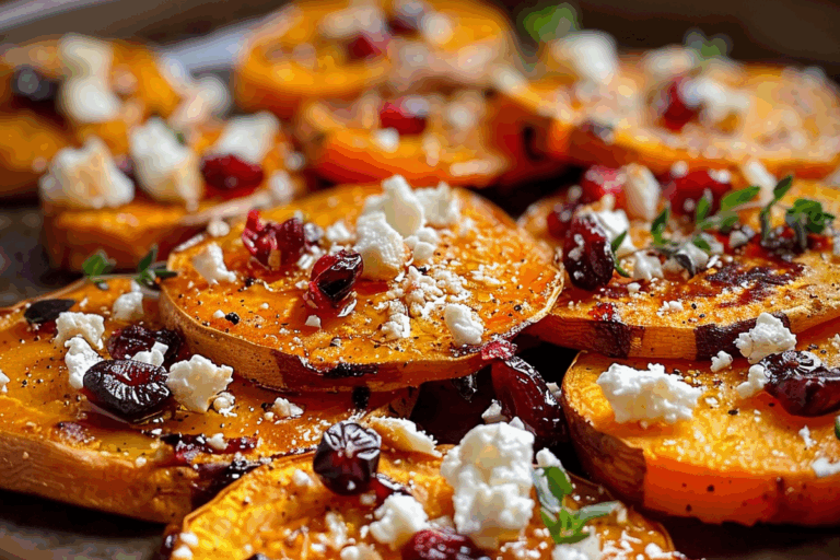 Caramelized Sweet Potato Rounds with Feta and Cranberries