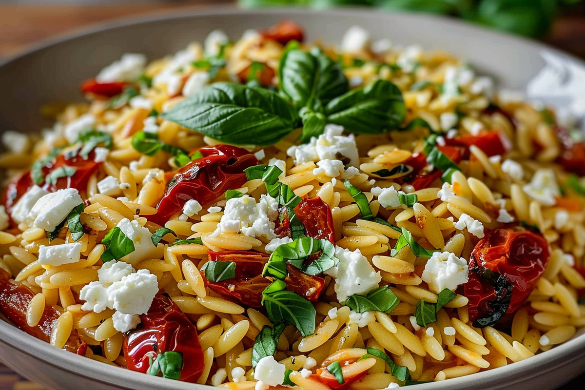 Roasted Red Pepper & Feta Orzo with Fresh Basil