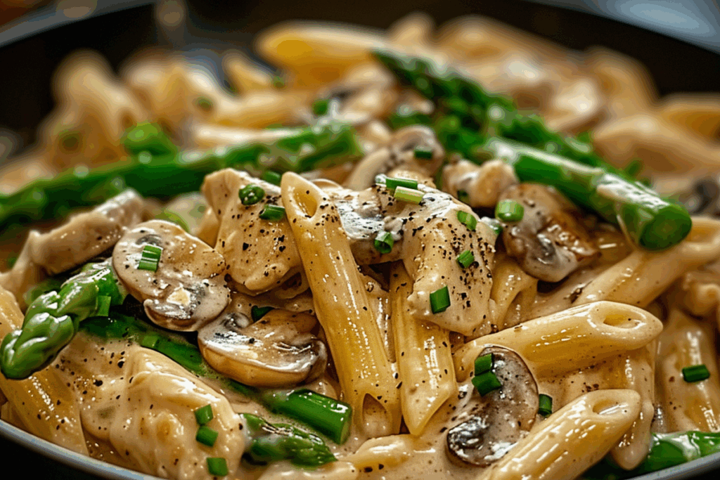 Creamy Chicken Penne with Mushrooms and Asparagus