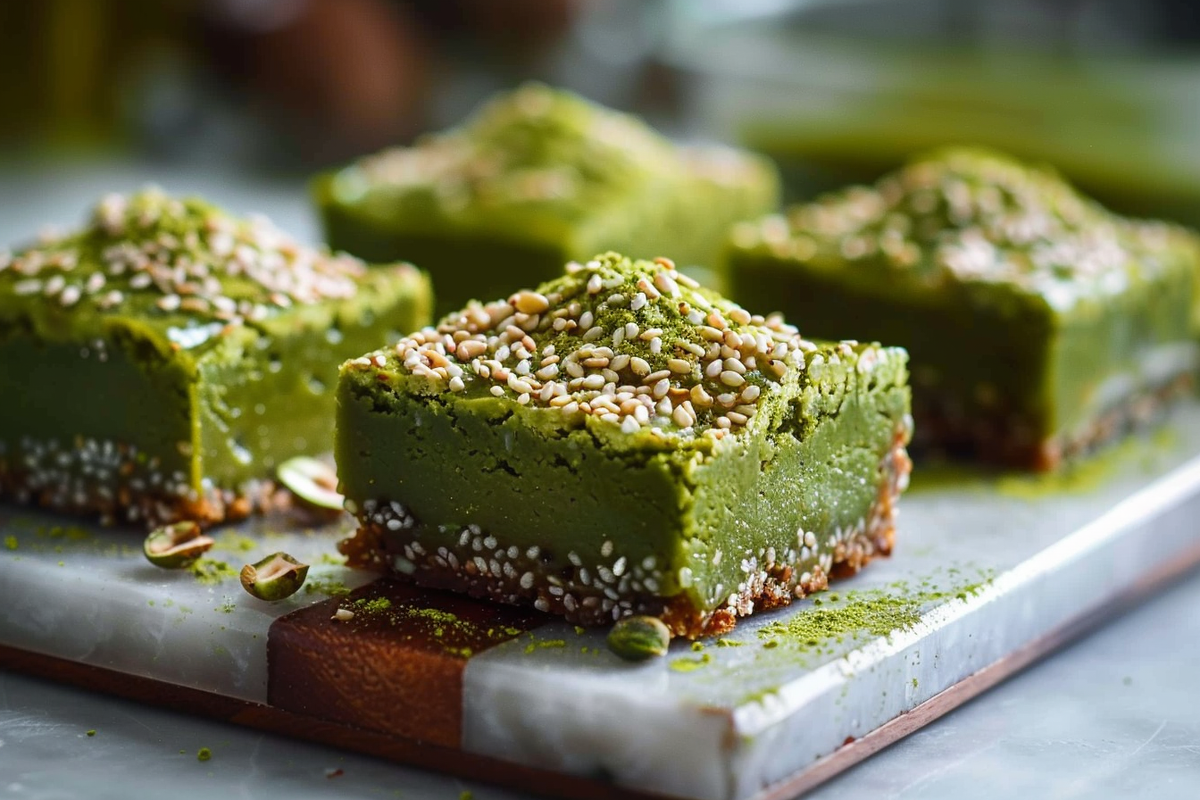 Pistachio Matcha Miso Bars with Toasted Sesame Crust