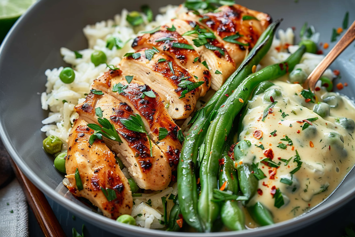 Creamy Herb Chicken Rice Bowl with Green Beans