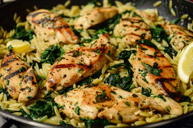 Skillet Lemon Herb Chicken Orzo with Spinach