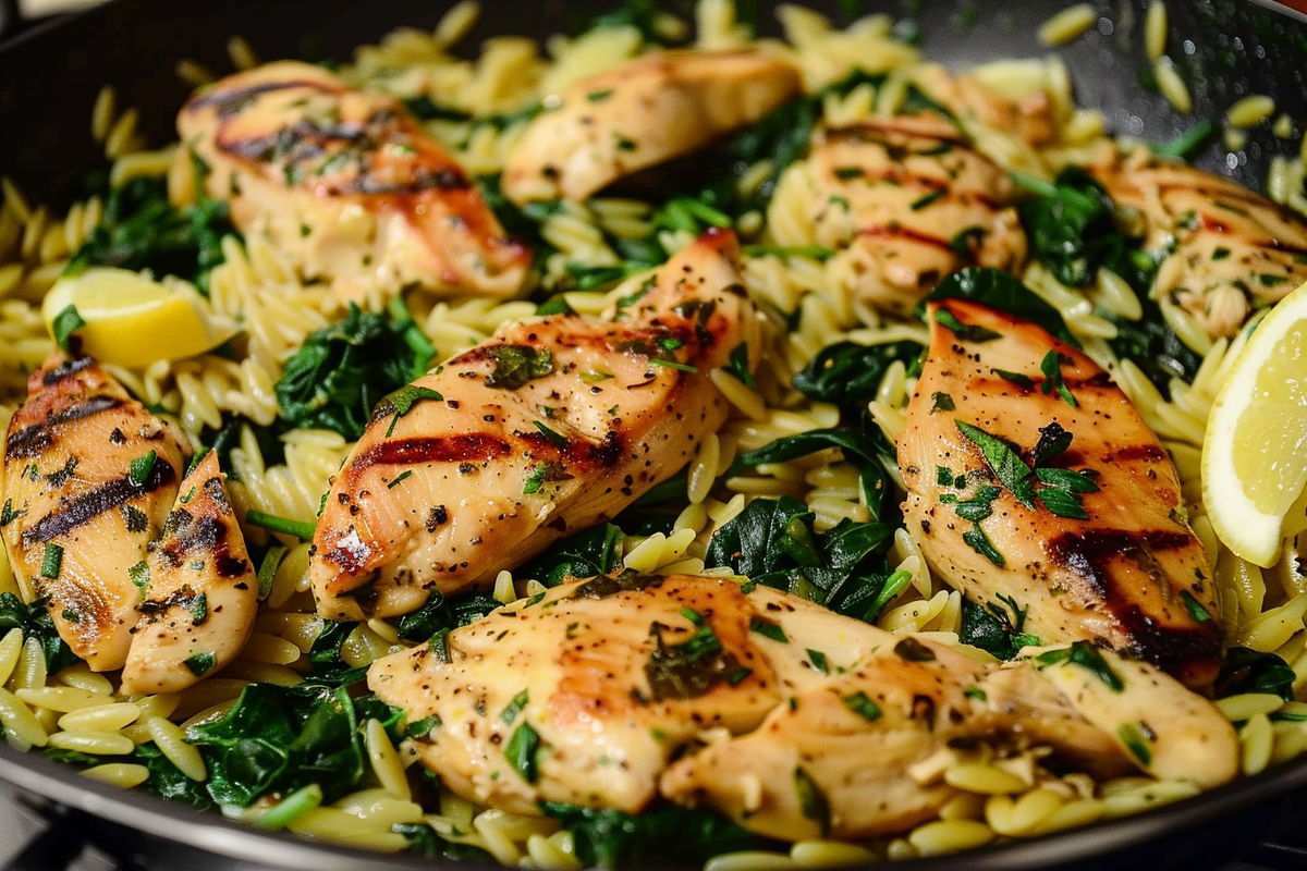 Skillet Lemon Herb Chicken Orzo with Spinach