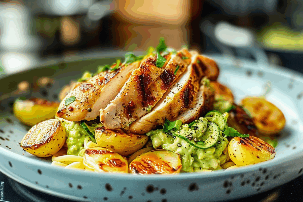 Char-Grilled Chicken over Avocado Cream Pasta with Golden Baby Potatoes