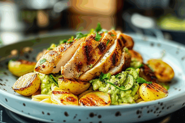 Char-Grilled Chicken over Avocado Cream Pasta with Golden Baby Potatoes