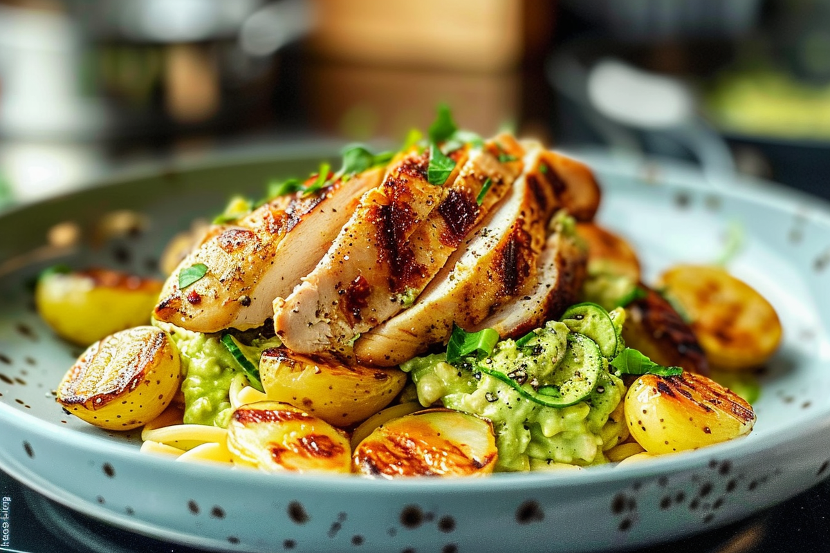 Char-Grilled Chicken over Avocado Cream Pasta with Golden Baby Potatoes