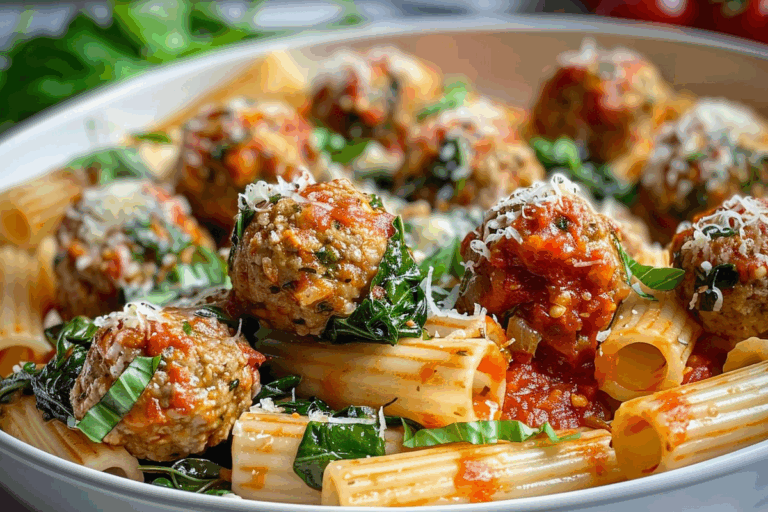 Zesty Turkey and Ricotta Meatballs with Garlic Spinach Rigatoni