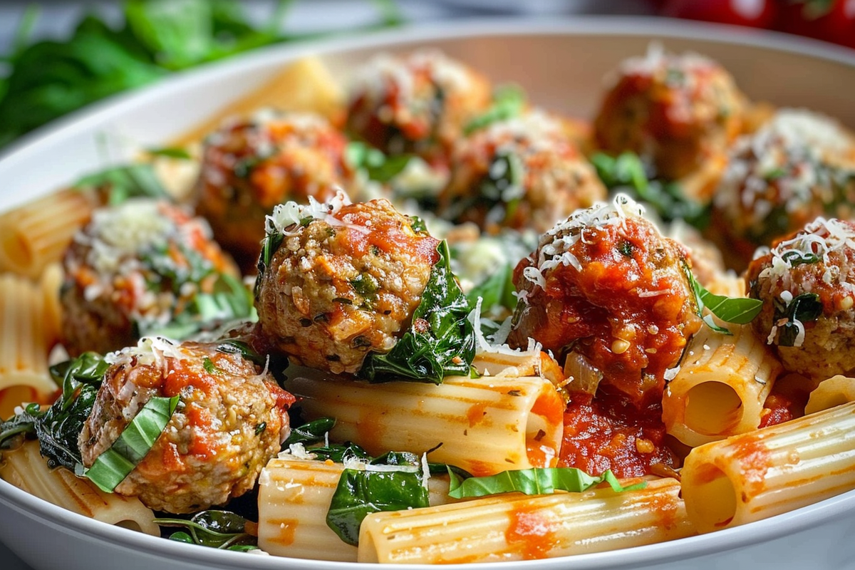 Zesty Turkey and Ricotta Meatballs with Garlic Spinach Rigatoni