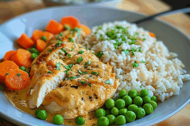 Creamy Garlic Chicken with Rice Buttered Carrots & Tender Green Peas