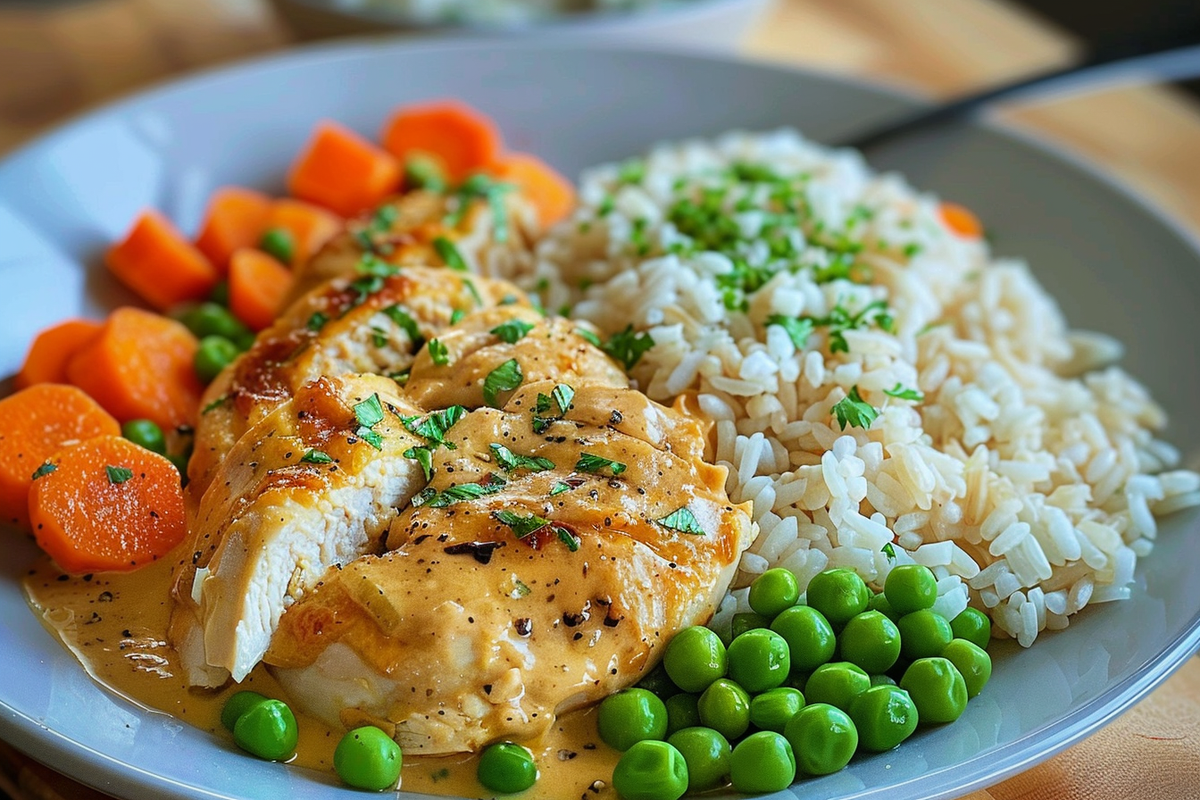 Creamy Garlic Chicken with Rice Buttered Carrots & Tender Green Peas