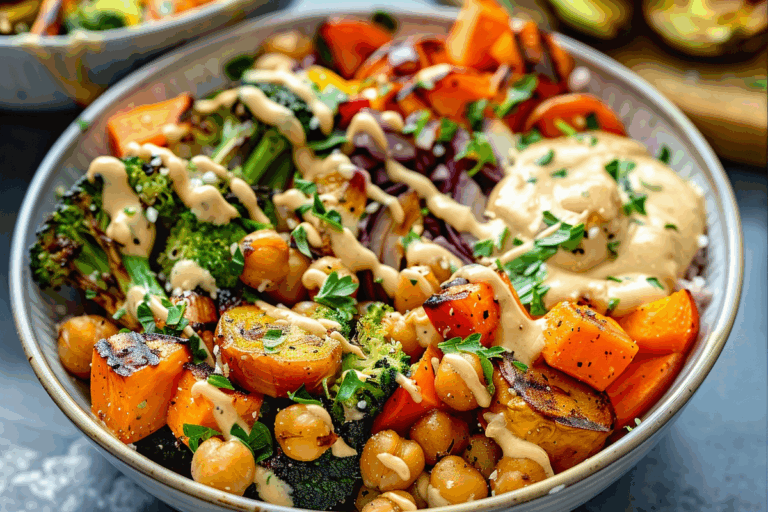 Roasted Veggie & Chickpea Bowls with Maple Dijon Tahini Dressing