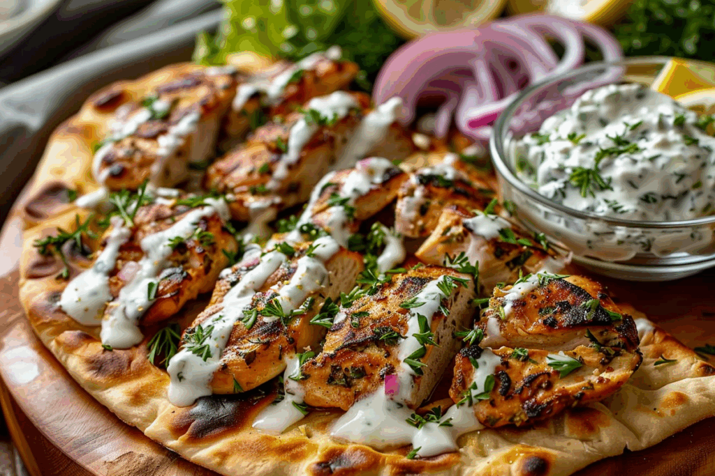 Lemon Herb Chicken Flatbread with Tzatziki Drizzle
