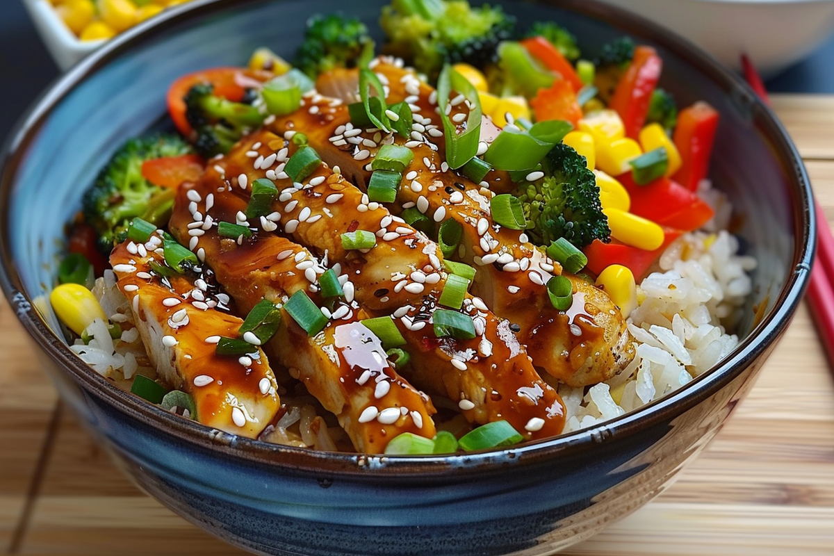 Sesame Teriyaki Chicken Bowl with Colorful Veggies and Corn Rice