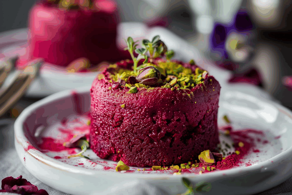 Savory Rosewater Beet Soufflés with Pistachio Dust