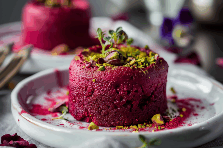 Savory Rosewater Beet Soufflés with Pistachio Dust