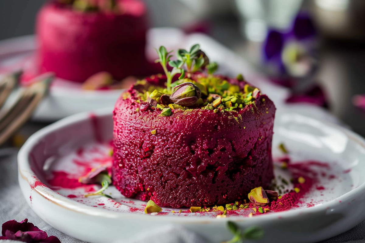 Savory Rosewater Beet Soufflés with Pistachio Dust