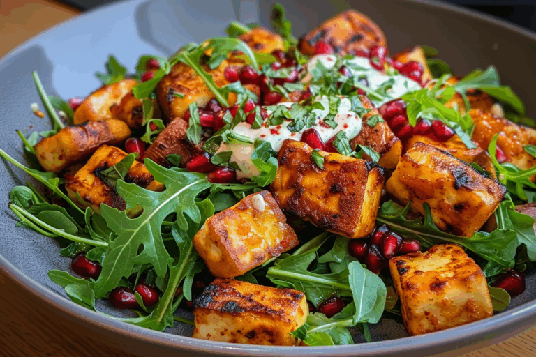 Sweet Potato & Halloumi Salad with Pomegranate Arugula and Mint Yogurt Dressing
