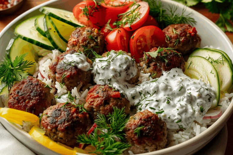 Greek-Style Meatballs with Creamy Tzatziki Rice & Crisp Vegetables