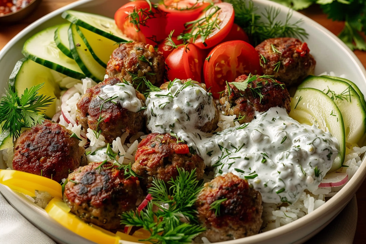 Greek-Style Meatballs with Creamy Tzatziki Rice & Crisp Vegetables
