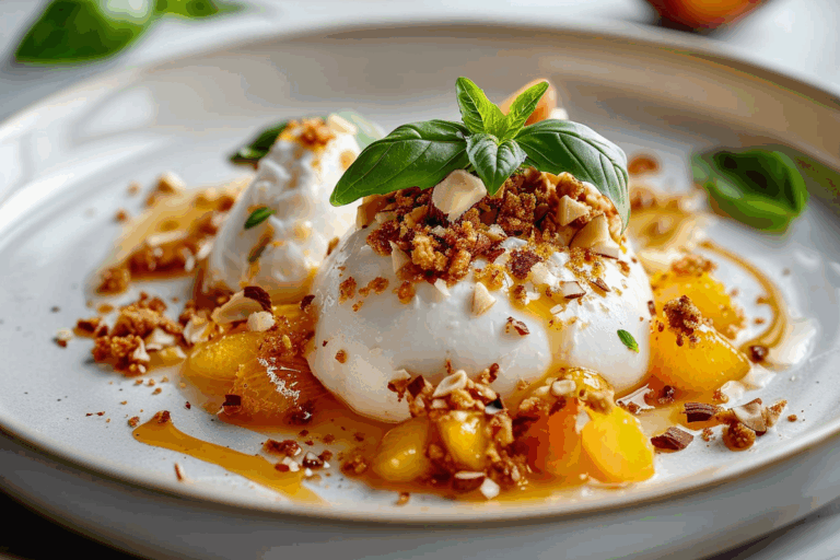 Spicy Peach Burrata Clouds with Almond Crunch