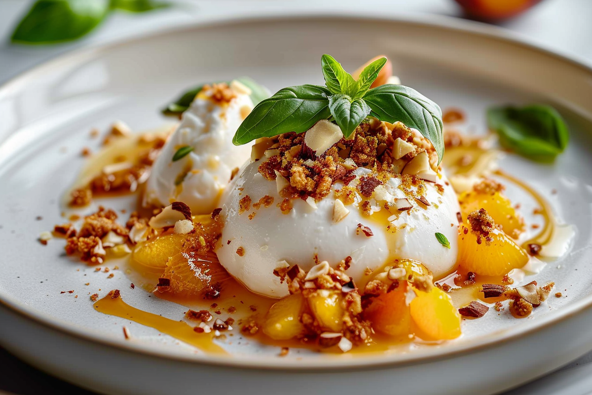 Spicy Peach Burrata Clouds with Almond Crunch