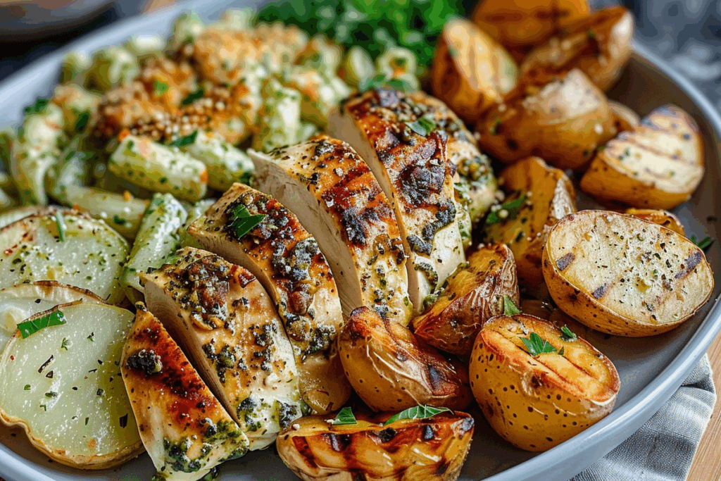 Loaded Herb Grilled Chicken with Creamy Pesto Pasta and Roasted Potatoes