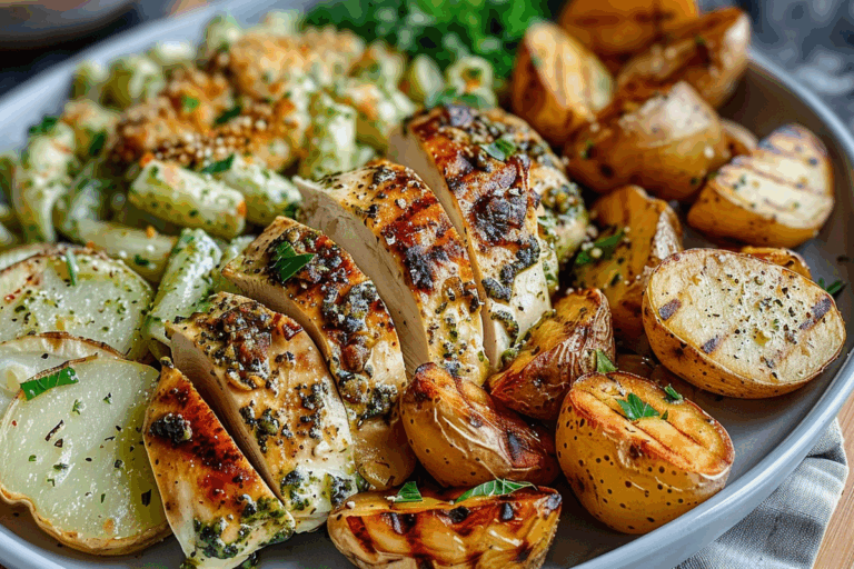 Loaded Herb Grilled Chicken with Creamy Pesto Pasta and Roasted Potatoes