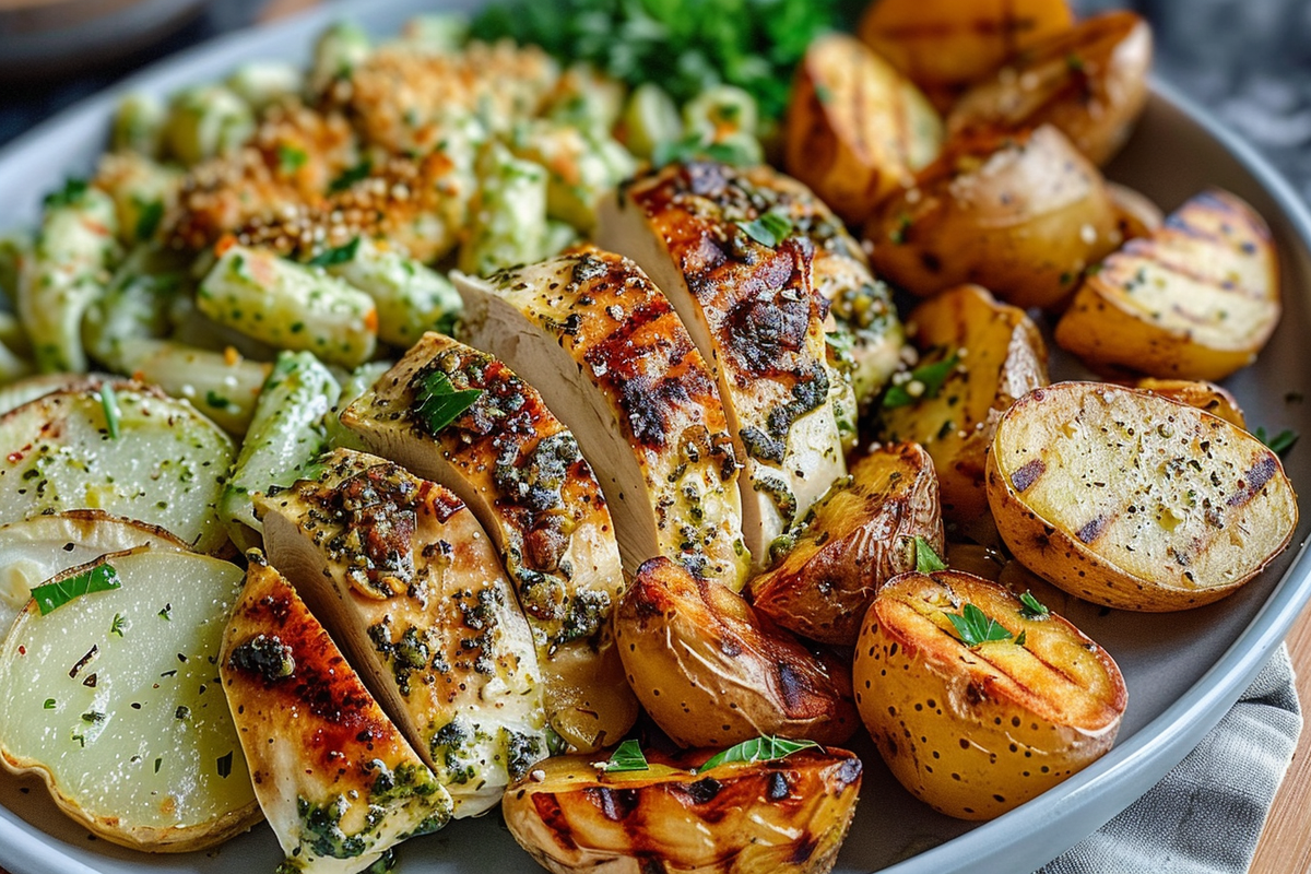 Loaded Herb Grilled Chicken with Creamy Pesto Pasta and Roasted Potatoes