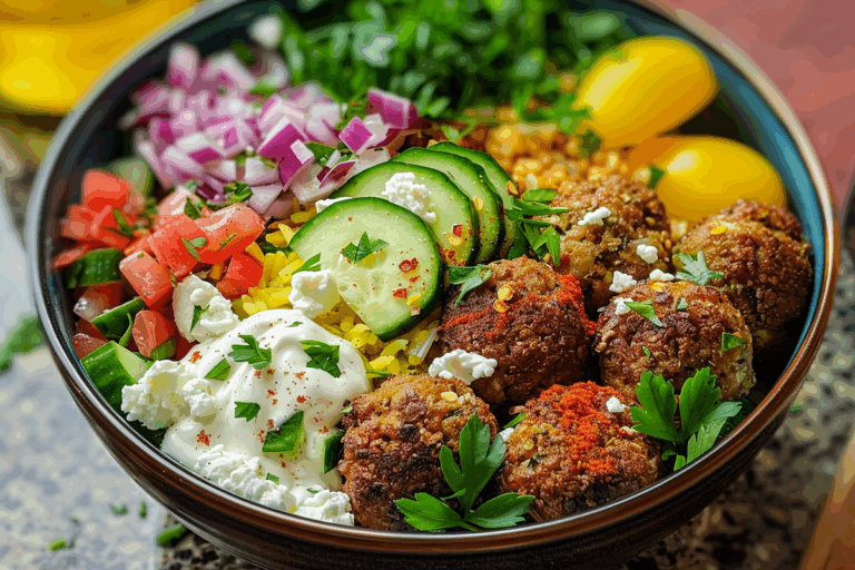 Falafel Bowl with Feta Lemon Tahini & Cucumber