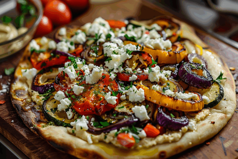 Flatbread with Hummus Feta & Roasted Vegetables